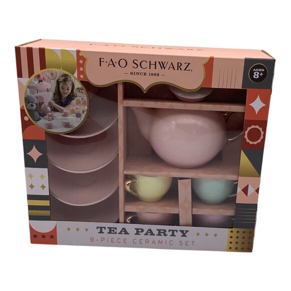 FAO Schwarz Other - FAO Schwarz 9-Piece Ceramic Tea Party Set For Kids Hand Glazed Porcelain Teapot